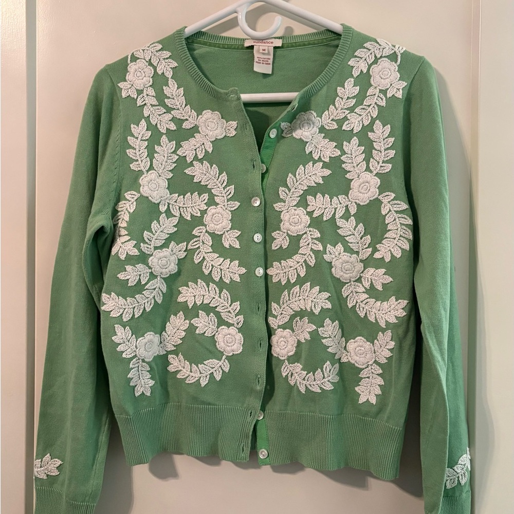 Sundance Green Cardigan with White Floral Embroidery